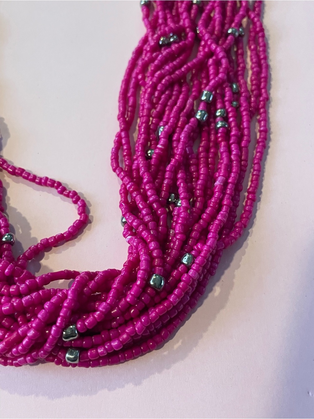 Hot Pink Seed Bead Silver Tone Spacer & Chain Necklace #7135 - Picture 2 of 7